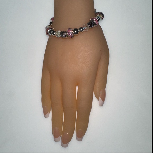 Pink Crystal Encrusted Donut & Silvertone Beaded Bracelet - Picture 3 of 6